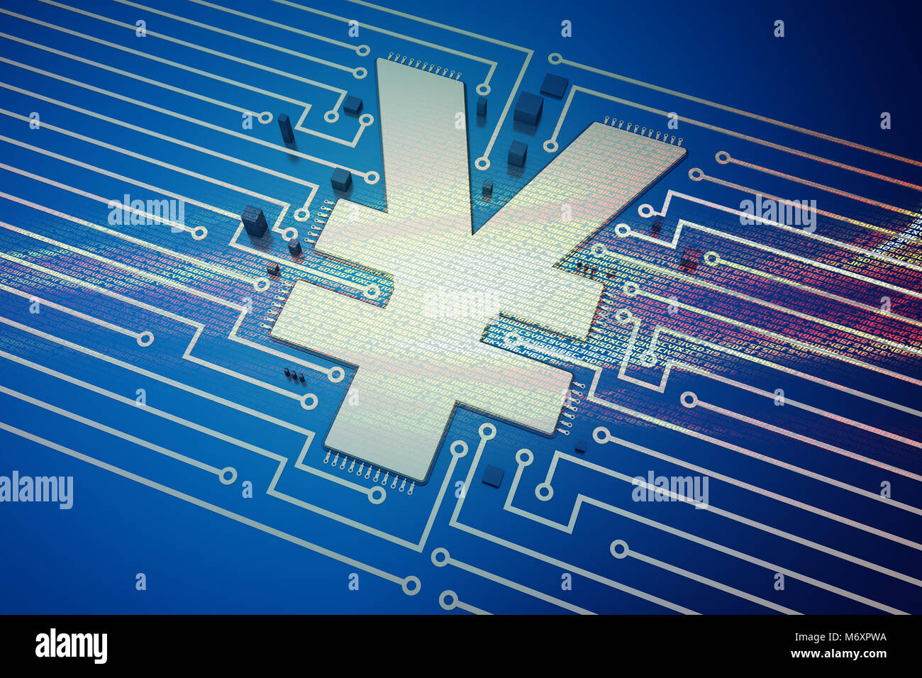 I simboli di valuta e schede di circuito, finanza tecnologica Foto Stock