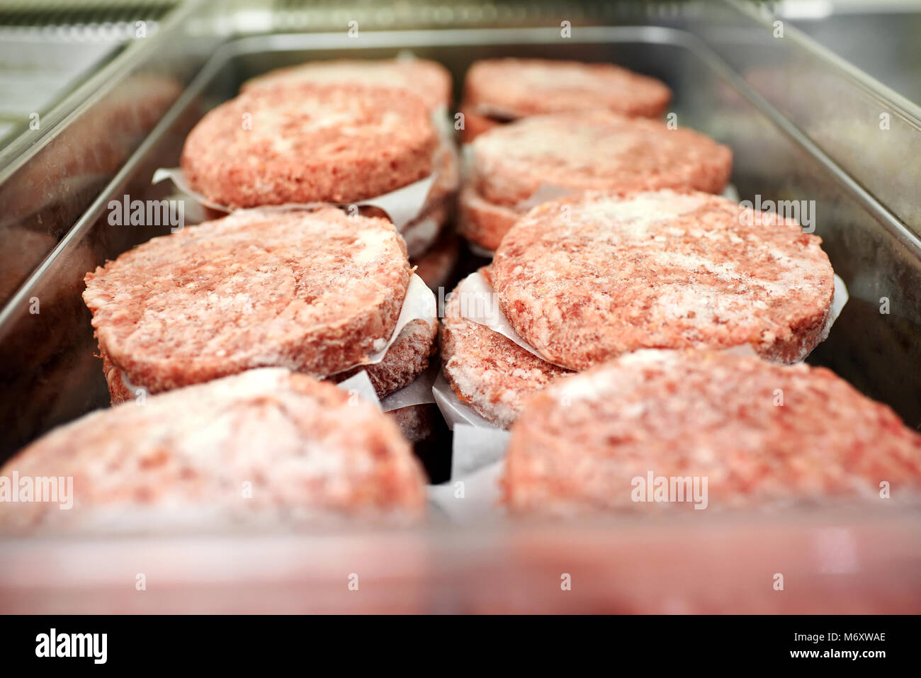 Vassoio metallico di massa congelata hamburger di manzo polpette separate da carta oleata in un ristorante o una macelleria Foto Stock