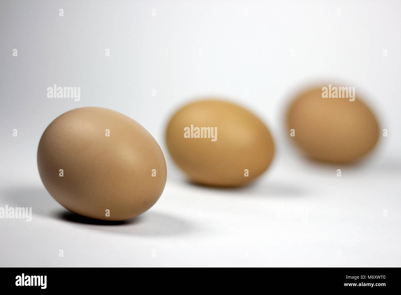 Tre uova line up diagonalmente, concentrarsi sulle uova di leader Foto Stock