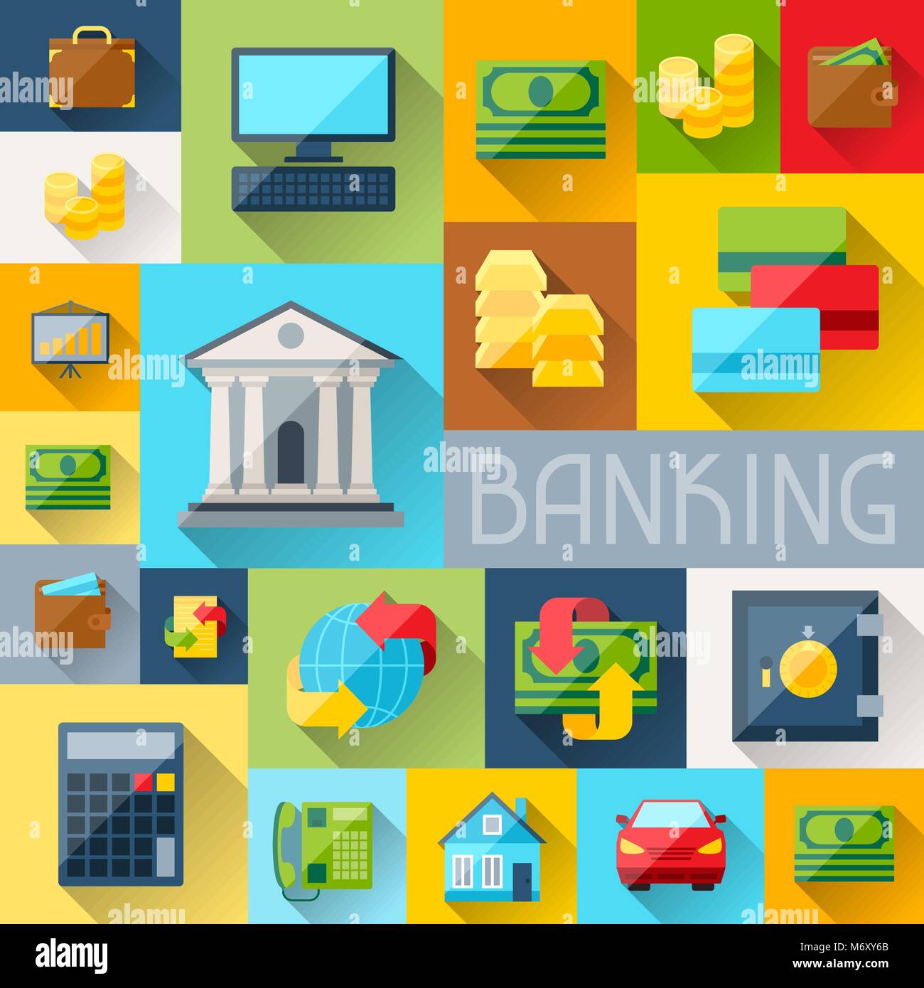 Sfondo con icone bancario nella piana di stile design Illustrazione Vettoriale