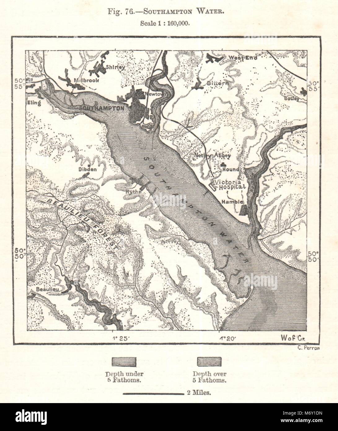 Southampton acqua. Beaulieu Hampshire. Schizzo 1885 antica grafico Foto Stock