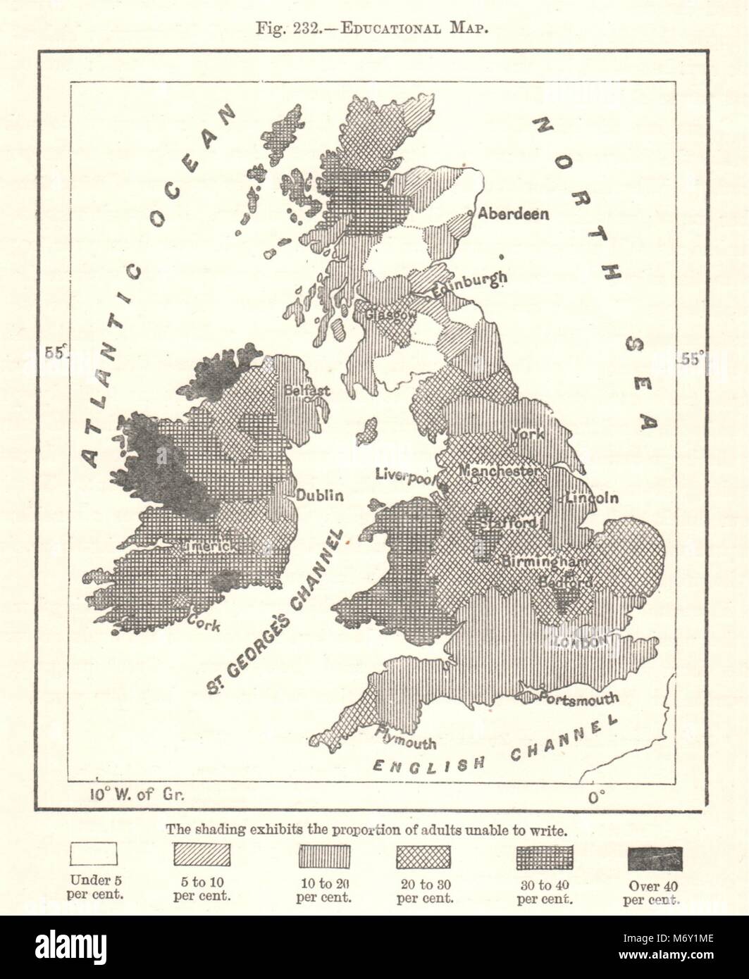 Mappa educativo. L' analfabetismo. Isole britanniche. Schizzo 1885 antica Foto Stock