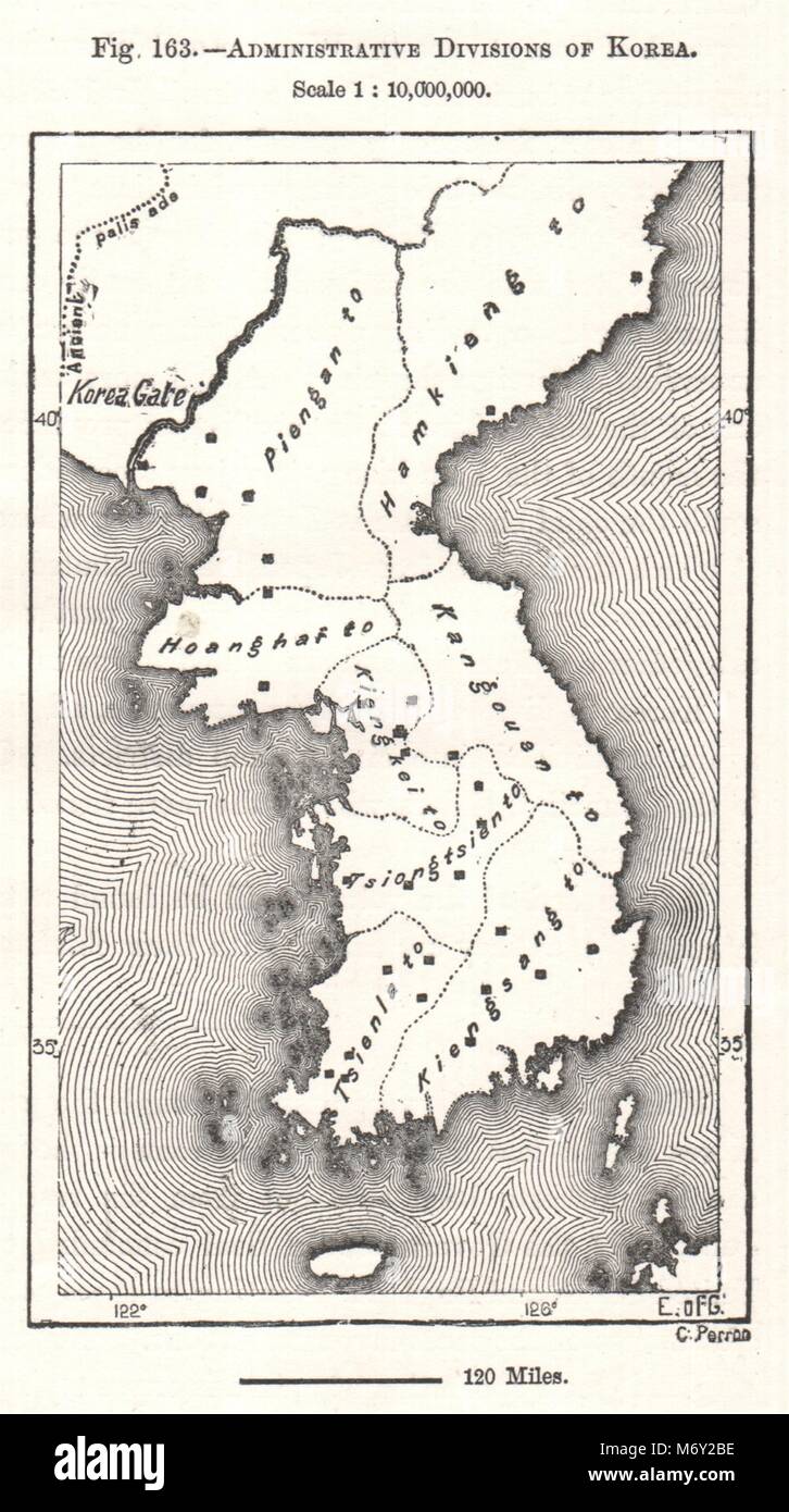 Divisioni amministrative della Corea. Schizzo 1885 antichi grafico del piano Foto Stock