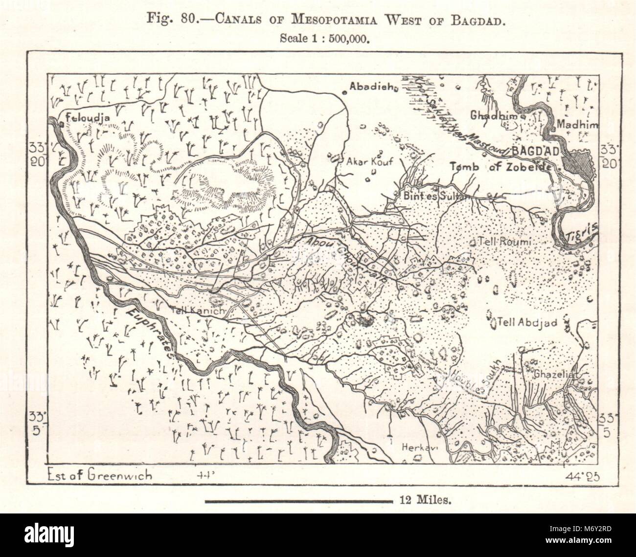 Canali di Mesopotamia a ovest di Baghdad. L'Iraq. Schizzo 1885 antica Foto Stock