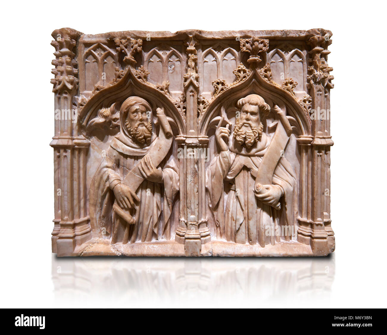 Alabastro gotica scultura in rilievo di due utili da Pere Oller, circa 1415, dal convento del Carme, Girona, Spagna.. Il Museo Nazionale del catalano Ar Foto Stock