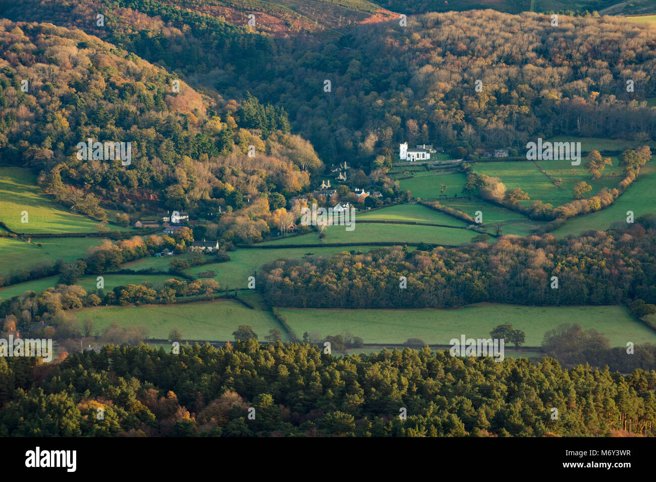 Prima luce su Selworthy in autunno da Dunkery Beacon, Exmoor, Somerset, Inghilterra, Regno Unito Foto Stock