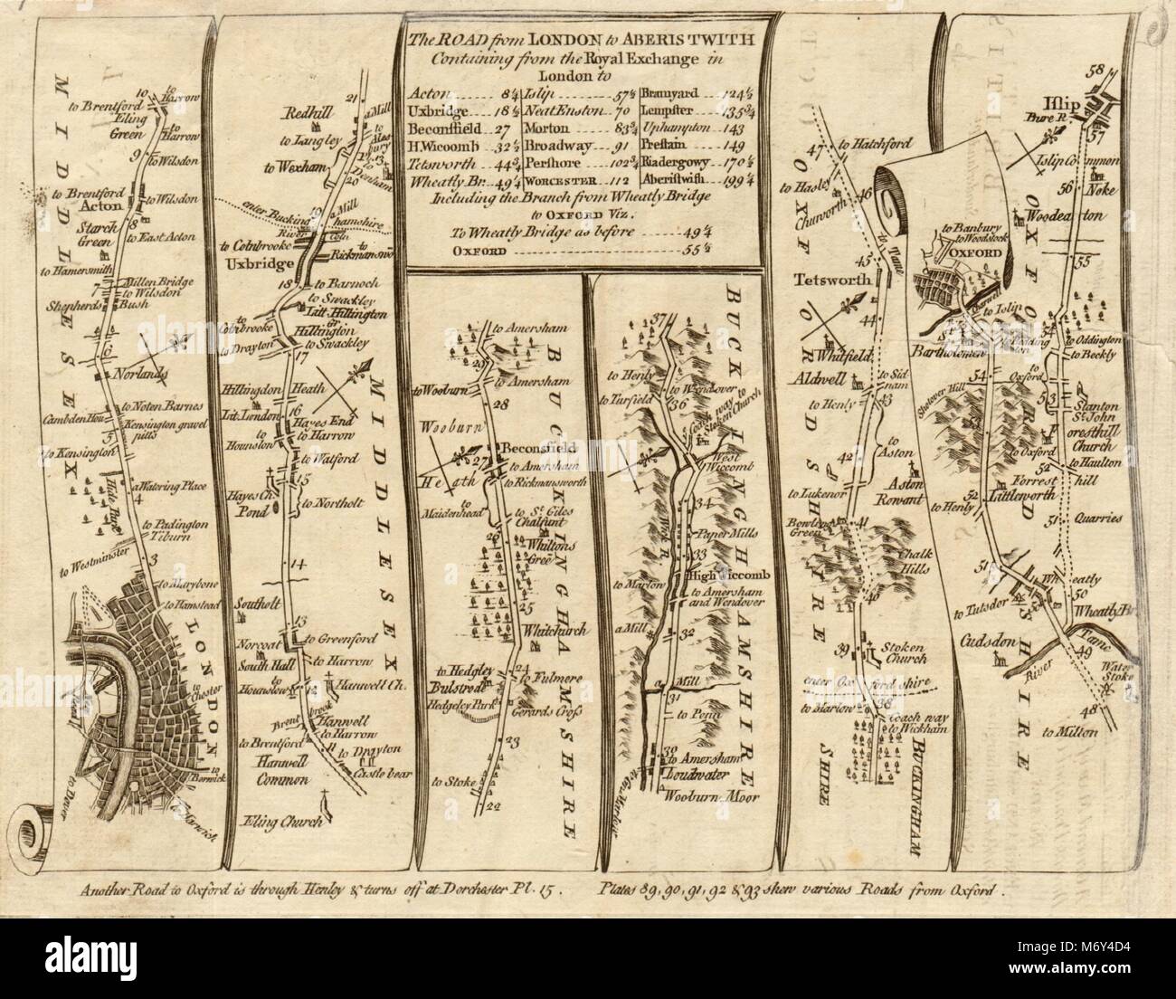 London Acton Uxbridge Beaconsfield High Wycombe Oxford. KITCHIN road map 1767 Foto Stock