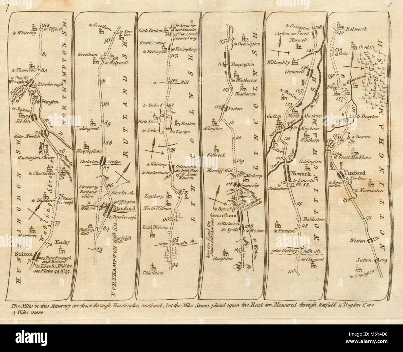 Stilton Stamford Coltsworth Grantham Tuxford Newark. KITCHIN road map 1767 Foto Stock