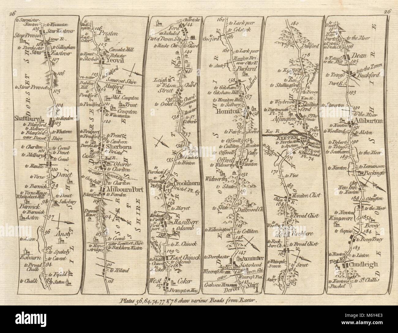 Shaftesbury Yeovil Crewkerne Honiton Exeter Ashburton. KITCHIN road map 1767 Foto Stock