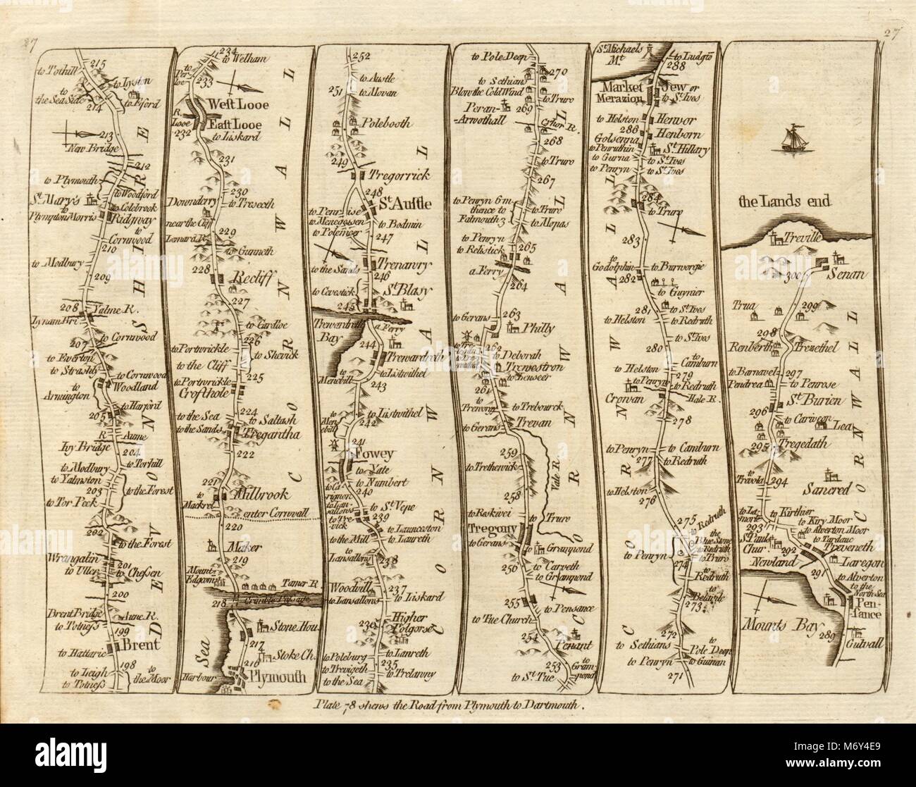 Plymouth Looe Fowey St Austell Penzance Land's End. KITCHIN road map 1767 Foto Stock