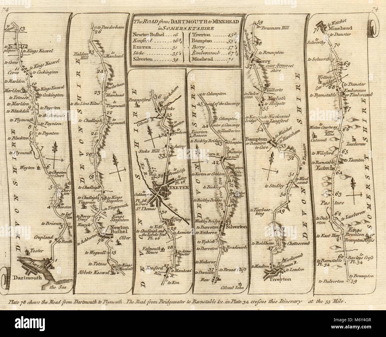 Dartmouth Newton Abbot Exeter Tiverton Minehead. KITCHIN road map 1767 vecchio Foto Stock