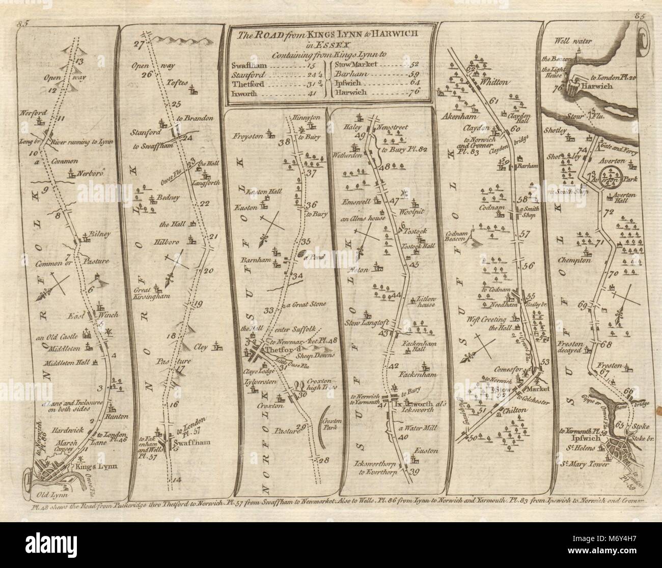 King's Lynn Swaffham Thetford Stowmarket Ipswich Harwich. KITCHIN road map 1767 Foto Stock