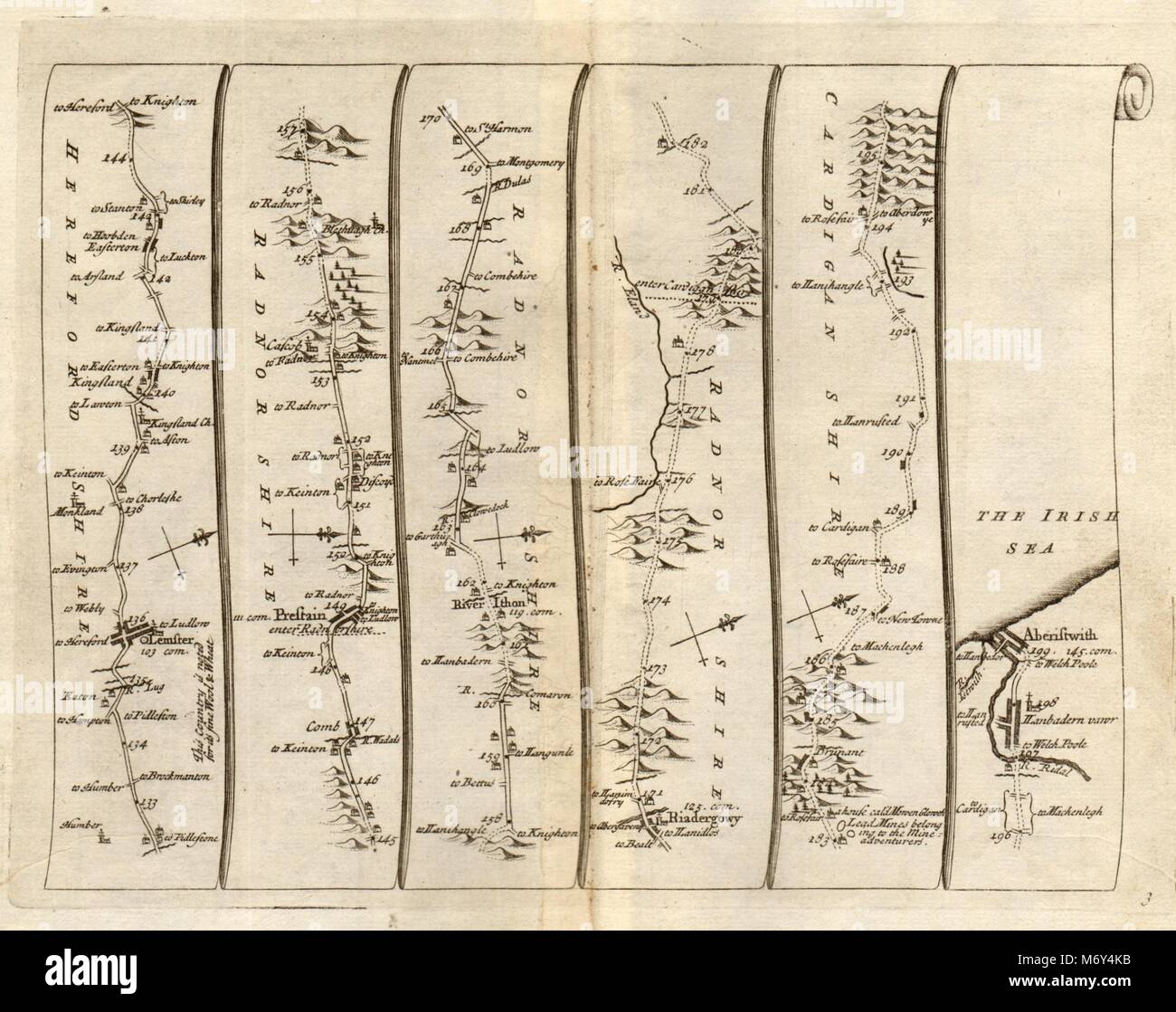 Leominster Kingsland Presteigne Rhayader Aberystwyth SENEX #3 road map 1719 Foto Stock