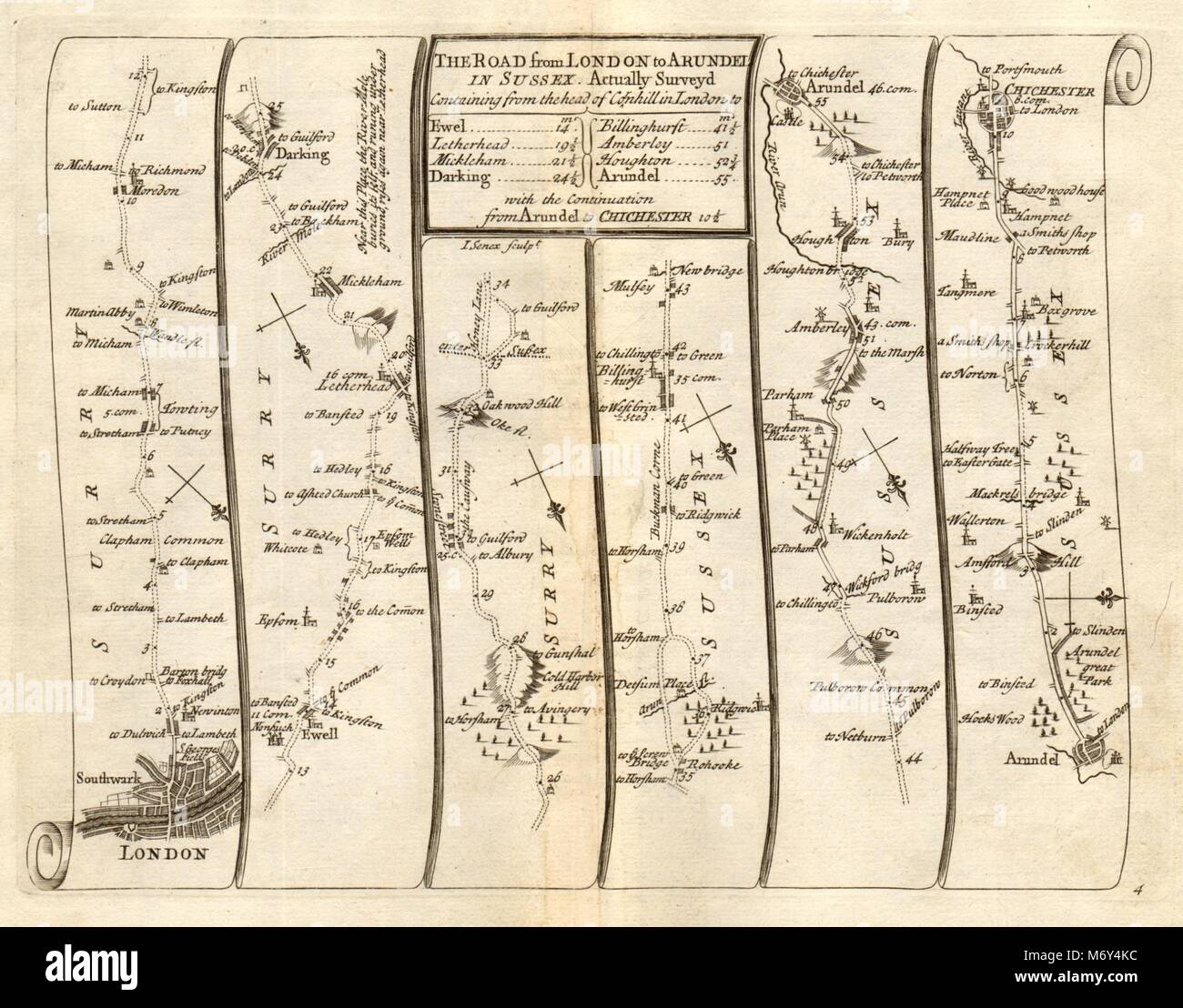Londra Clapham Epsom Leatherhead Arundel Chichester SENEX #4 road map 1719 Foto Stock
