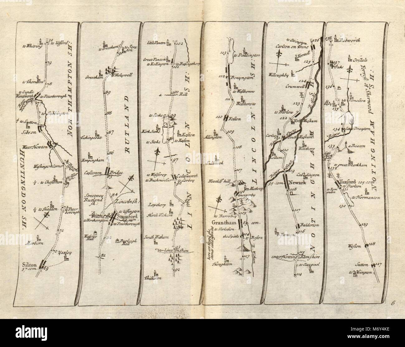 Stilton Stamford Coltsworth Grantham Newark Tuxford SENEX #6 road map 1719 Foto Stock