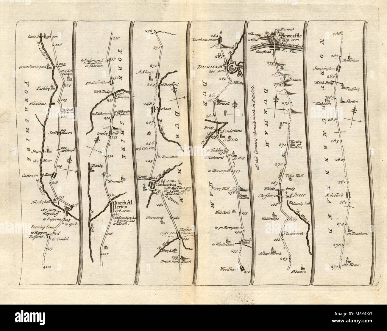 Northallerton Darlington Durham Newcastle upon Tyne SENEX #8 road map 1719 Foto Stock