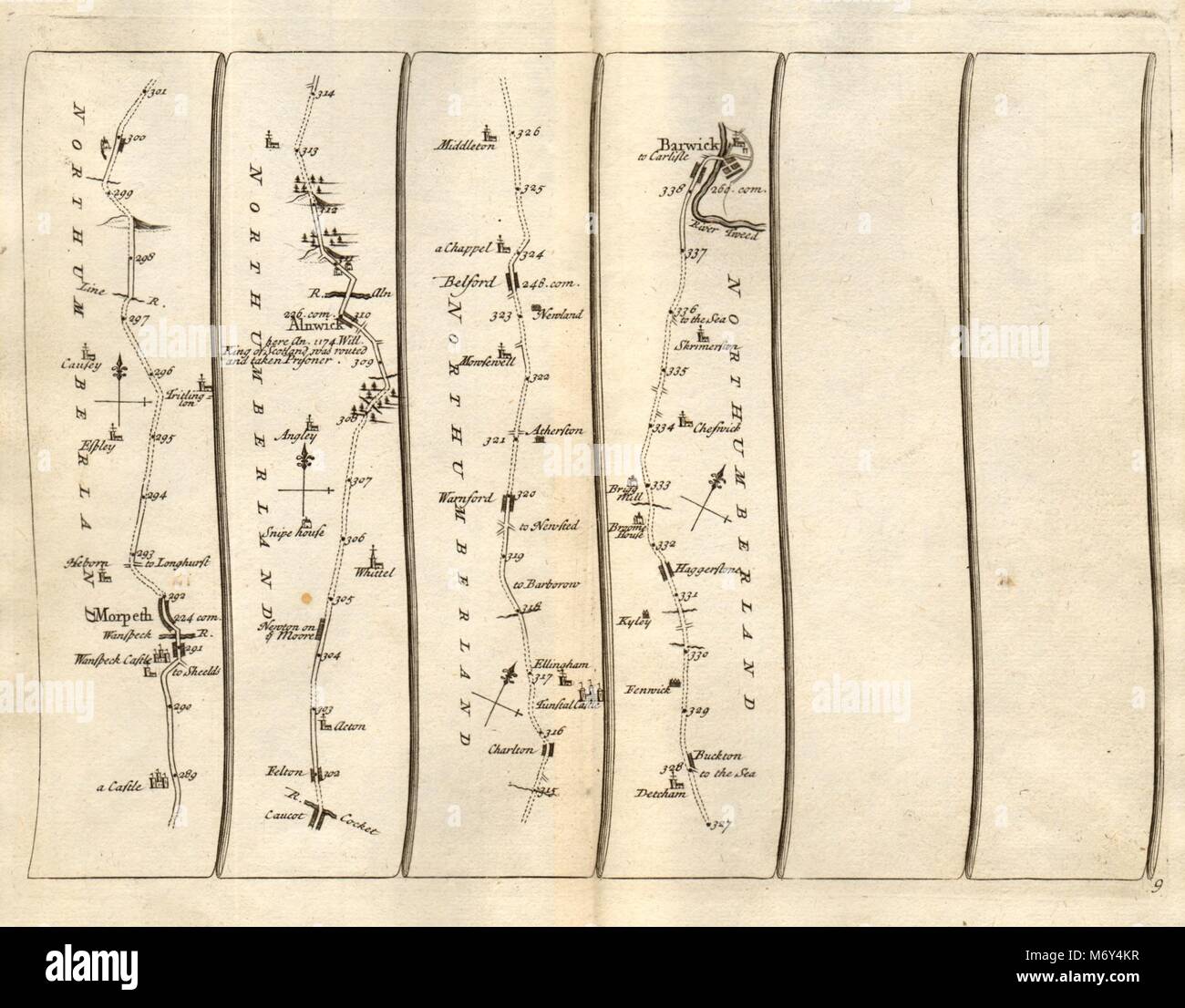 Morpeth Newton/Moor Alnwick Belford Berwick-upon-Tweed SENEX #9 road map 1719 Foto Stock