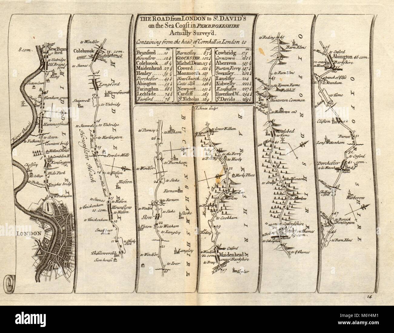 London Hammersmith Slough Maidenhead Henley Abingdon SENEX #14 road map 1719 Foto Stock