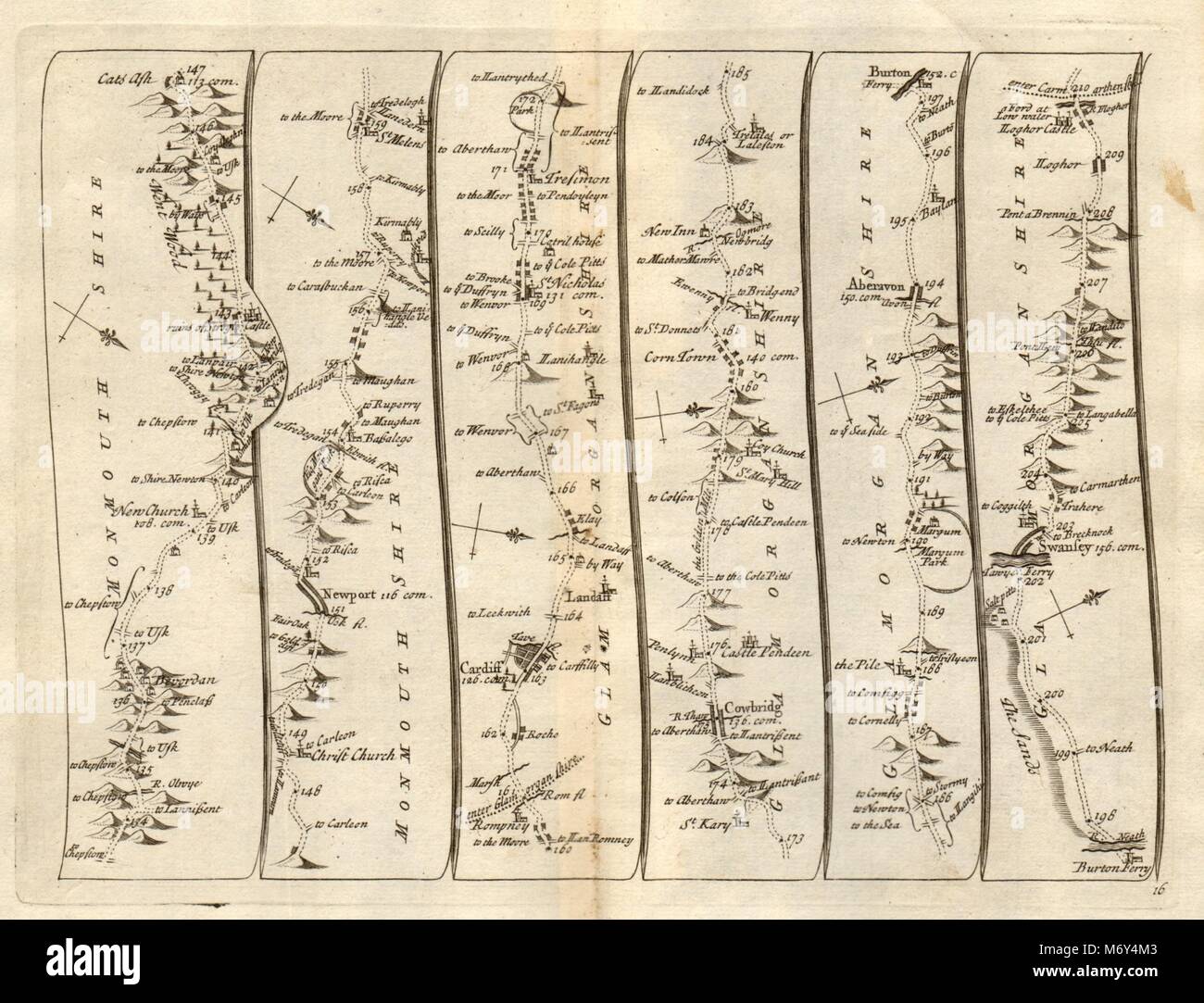 Newport Cardiff Cowbridge Aberavon Briton Ferry Swansea SENEX #16 road map 1719 Foto Stock