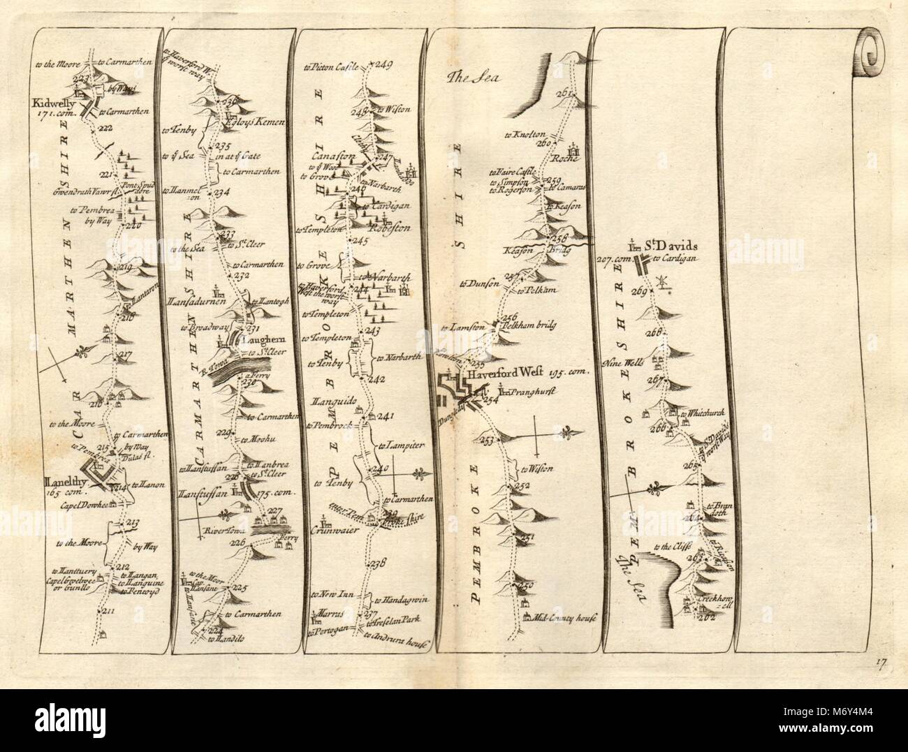 Kidwelly Llanelly Llansteffan Haverfordwest St Davids SENEX #17 road map 1719 Foto Stock