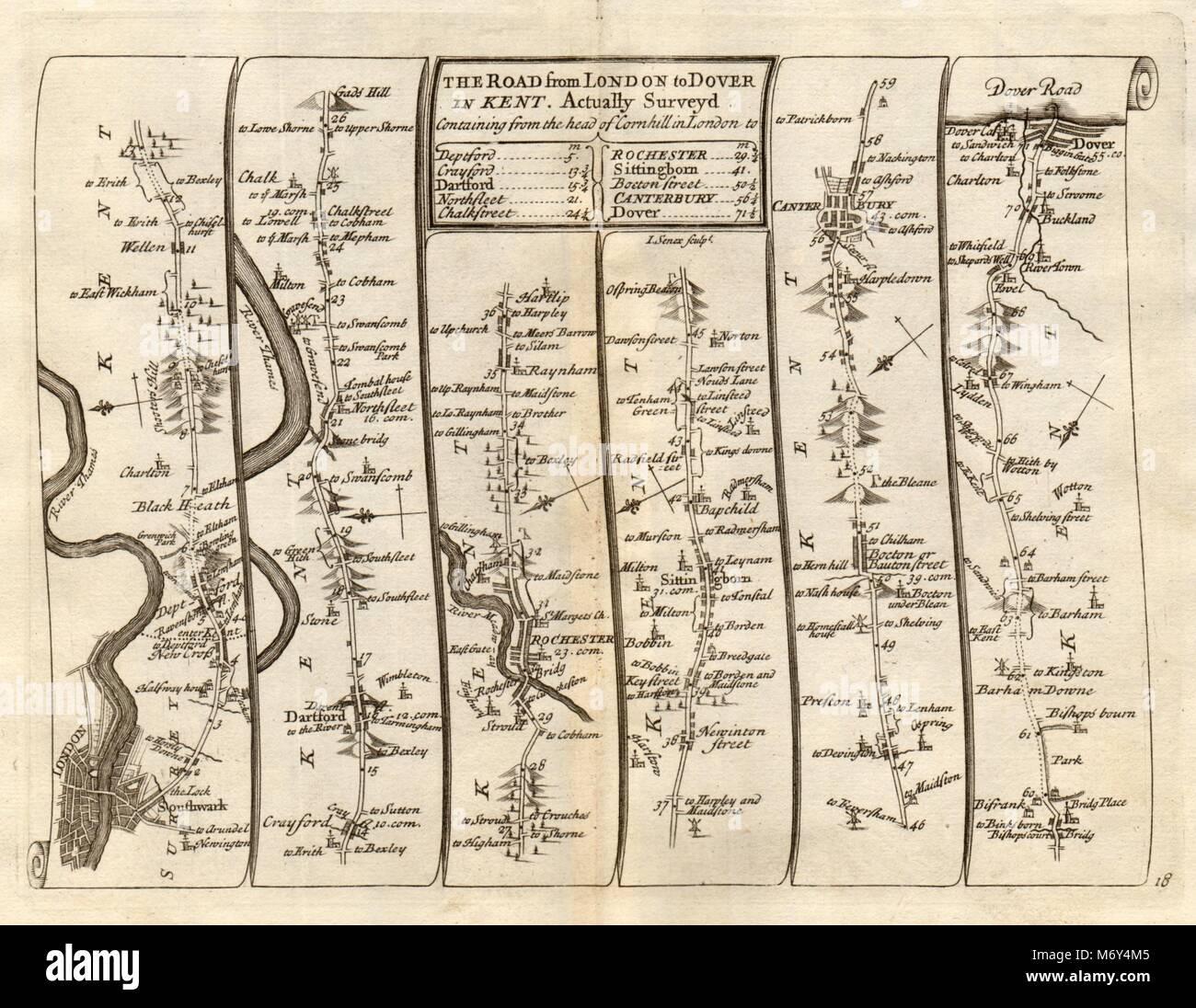 Londra Deptford Dartford Rochester Canterbury Dover SENEX #18 road map 1719 Foto Stock