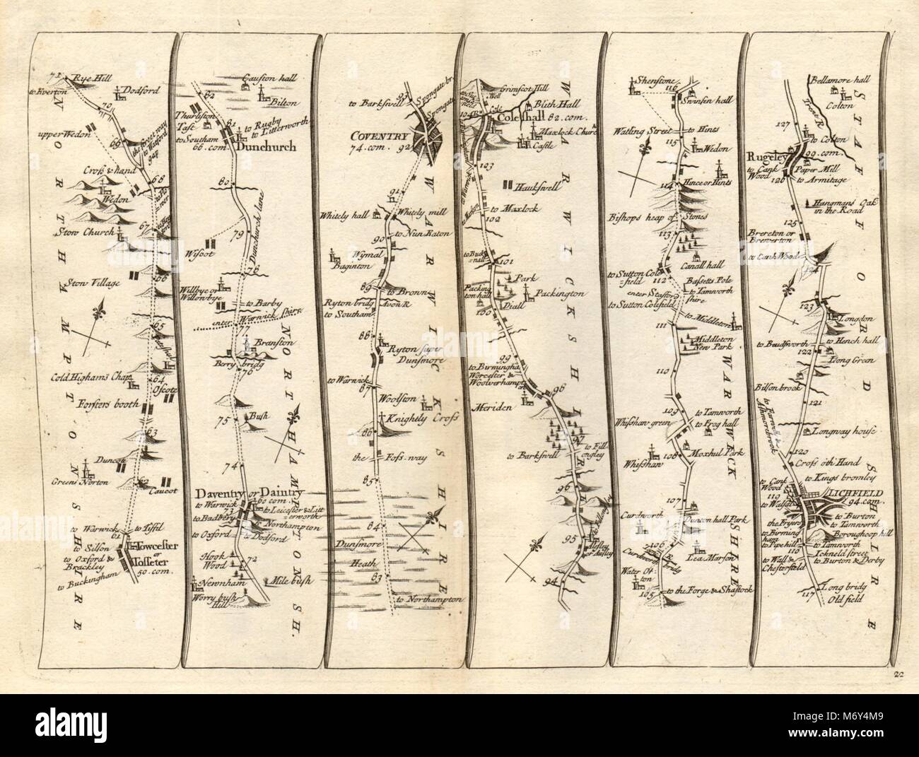 Towcester Daventry Dunchurch Coventry Lichfield Rugeley SENEX #22 road map 1719 Foto Stock