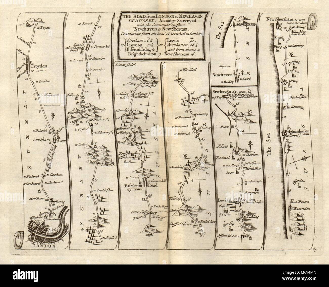 London Croydon East Grinstead Lewes Brighton Shoreham SENEX #29 road map 1719 Foto Stock