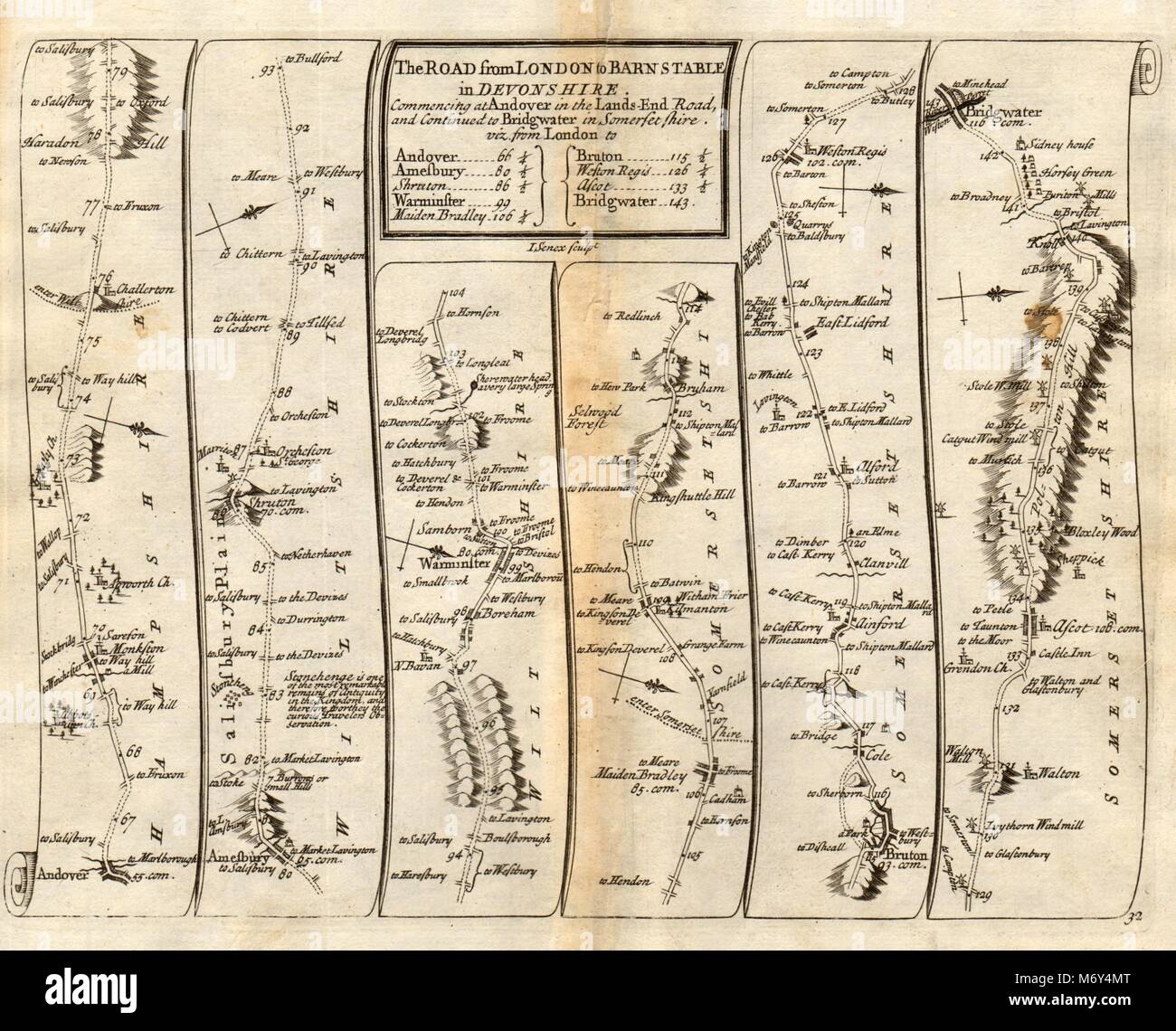 Andover Amesbury Stonehenge Warminster Bruton Bridgwater SENEX #32 road map 1719 Foto Stock