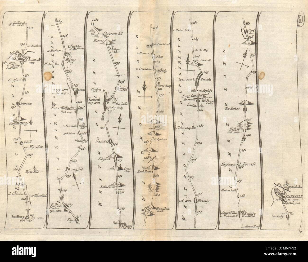 Garstang Lancaster Bolton Kendal Penrith Hesket Carlisle SENEX #38 road map 1719 Foto Stock