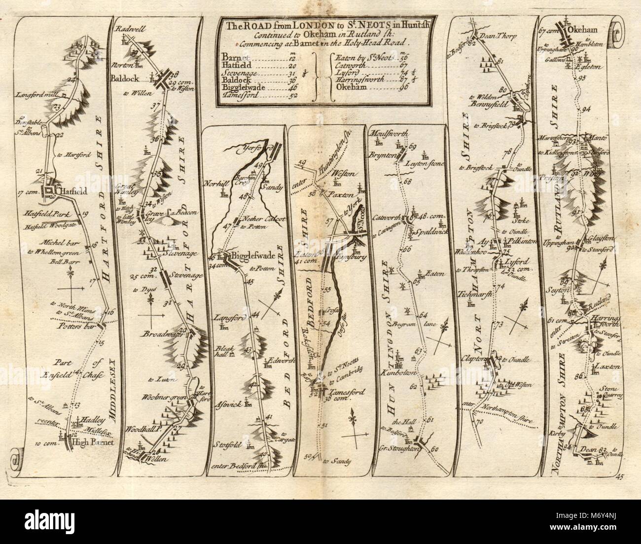 Barnet Potters Bar Hatfield Stevenage St Neots Oakham SENEX #45 road map 1719 Foto Stock