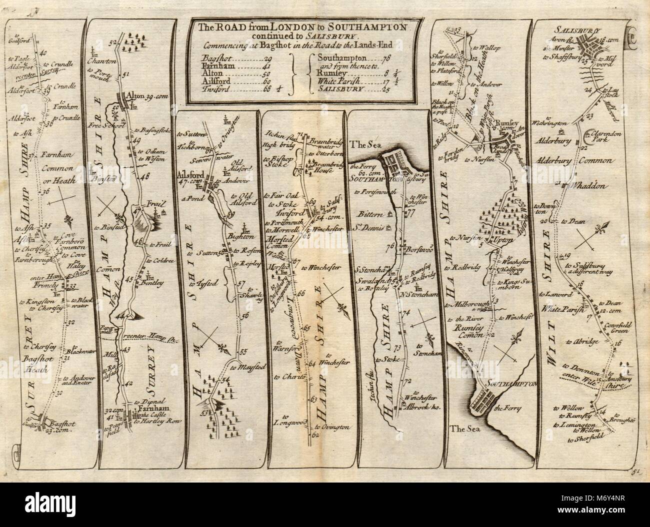 Bagshot Farnham Twyford Southampton Romsey Salisbury SENEX #51 road map 1719 Foto Stock