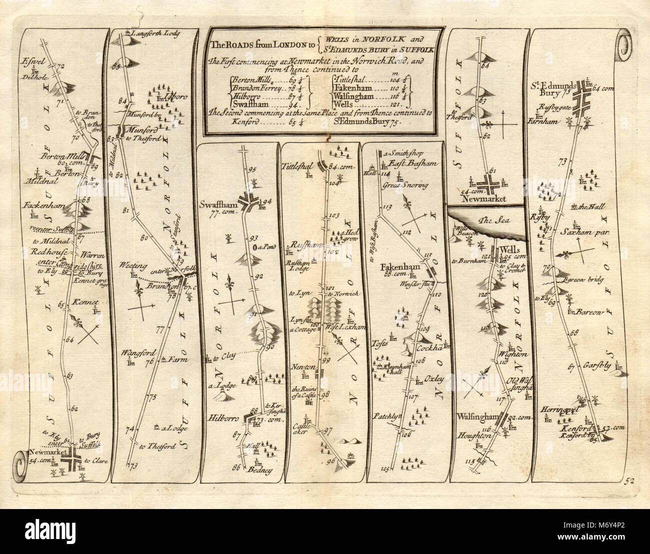 Newmarket Swaffham Wells-next-mare Bury St Edmunds SENEX #52 road map 1719 Foto Stock