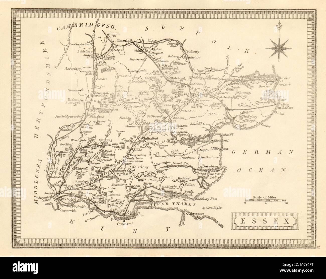 Antica mappa della contea di Essex da John Heywood. Ferrovie & coach strade c1864 Foto Stock