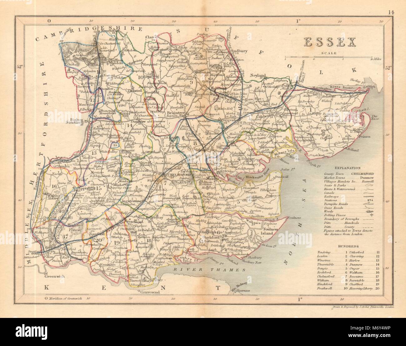 ESSEX county map da ARCHER & DUGDALE. Sedi canali seggi 1845 vecchio Foto Stock
