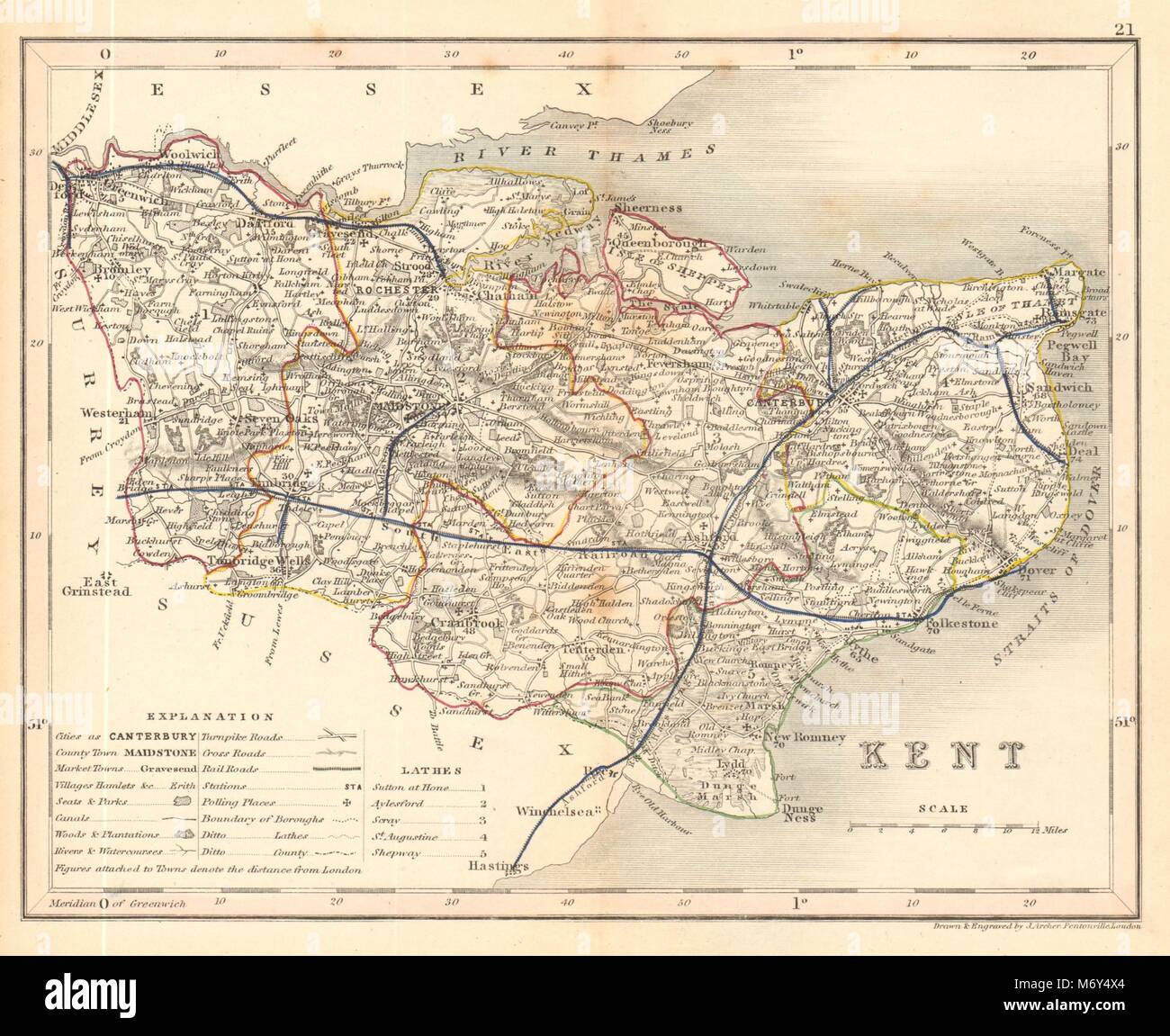 KENT mappa da ARCHER & DUGDALE. Sedi canali seggi 1845 antica Foto Stock