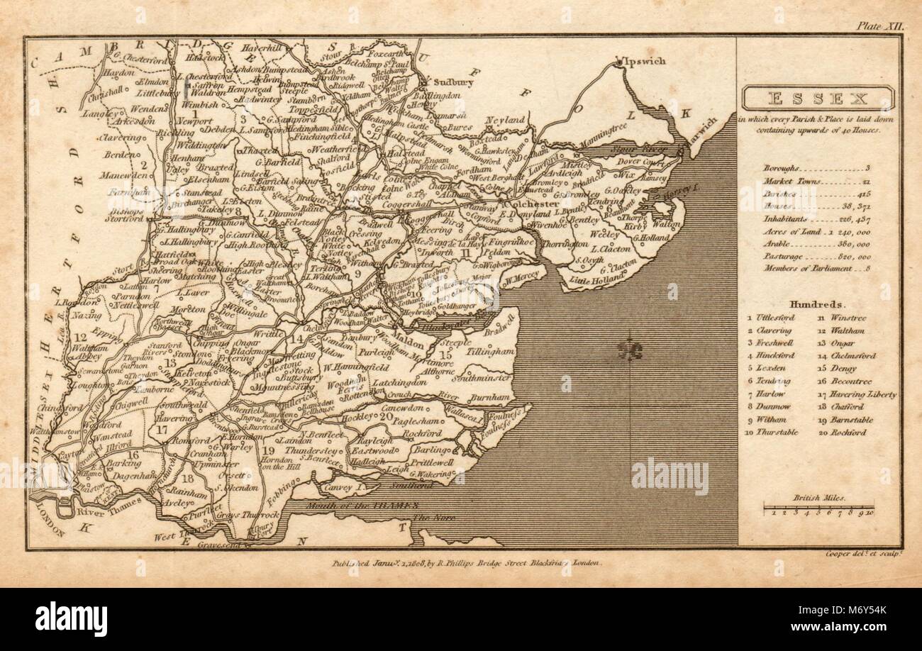 Antica mappa della contea di Essex da Henry Cooper per Benjamin Pitts Capper 1808 Foto Stock