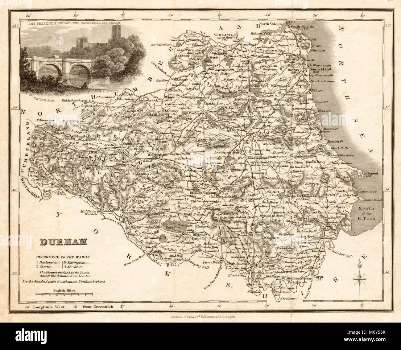 Antica mappa della contea di Durham da Archibald Fullarton c1833 vecchio Foto Stock