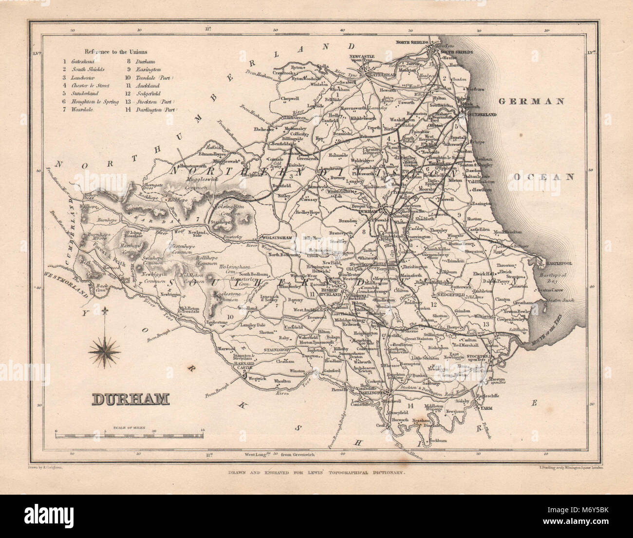 Antica mappa della contea di Durham da Starling & Creighton per Lewis. I sindacati c1840 Foto Stock