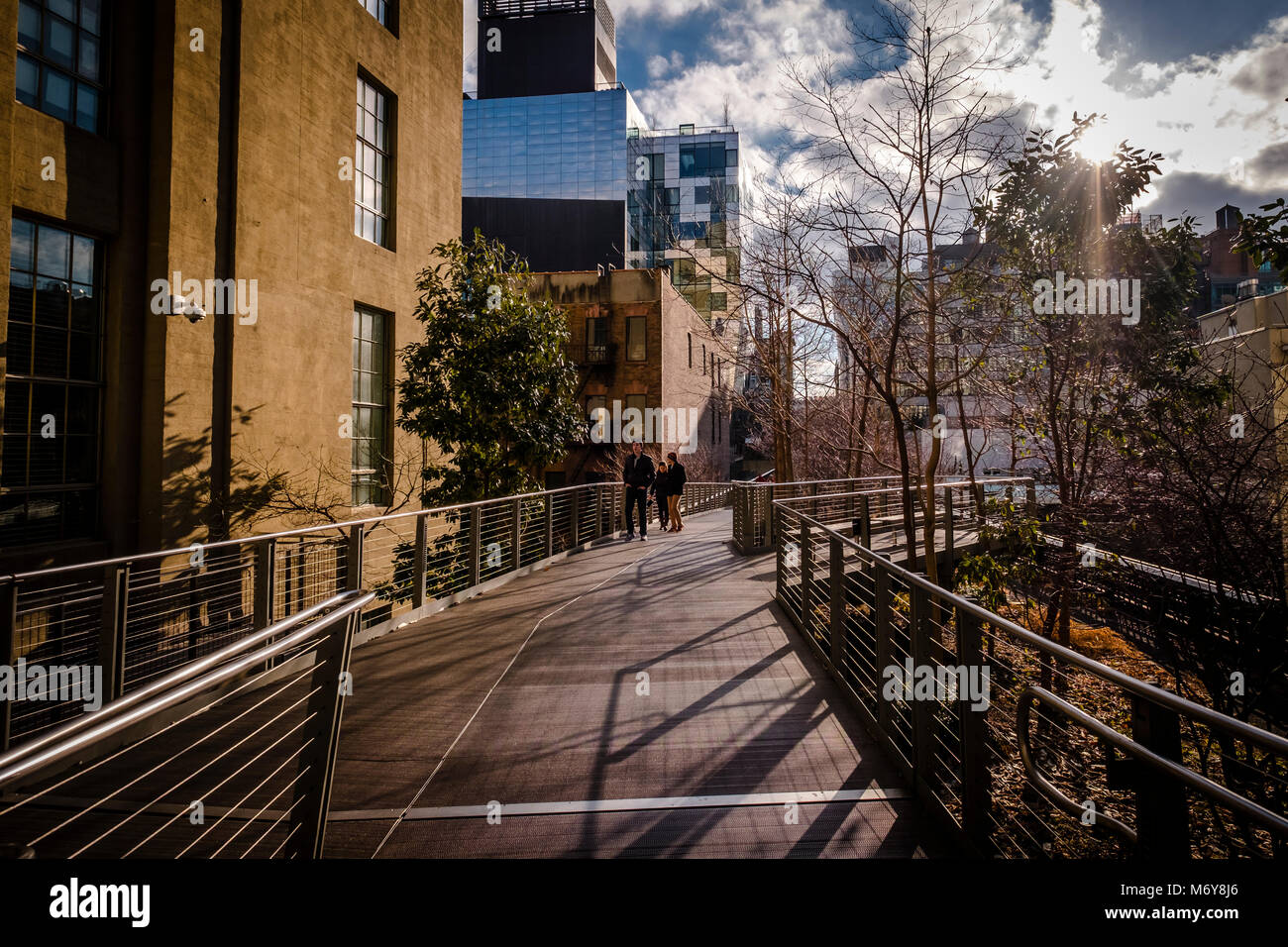 High Line Park a New York. La linea alta è un parco pubblico costruito su un nolo storica linea ferroviaria elevati al di sopra delle strade su Manhattans lato ovest Foto Stock