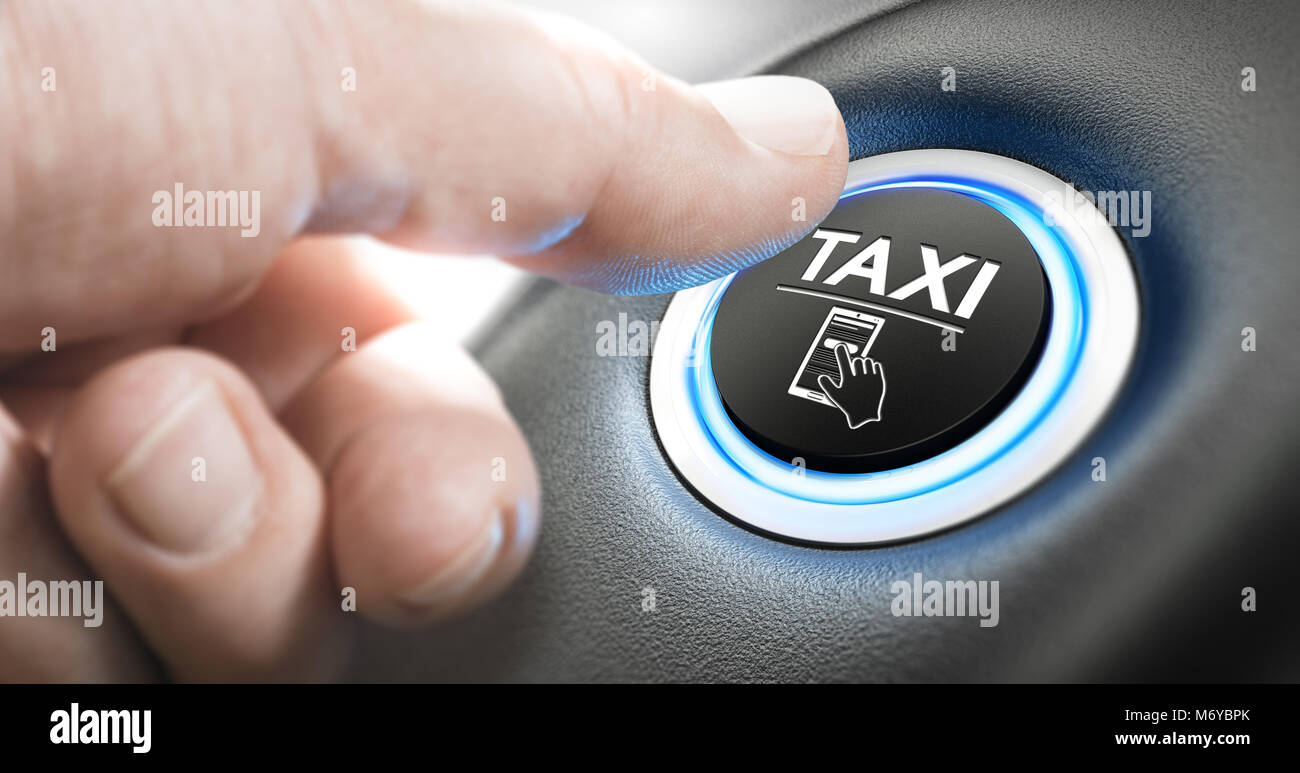 L'uomo spingendo un servizio taxi pulsante. Concetto di prenotazione. Immagine composita tra un dito e la fotografia di un 3D sfondo. Foto Stock
