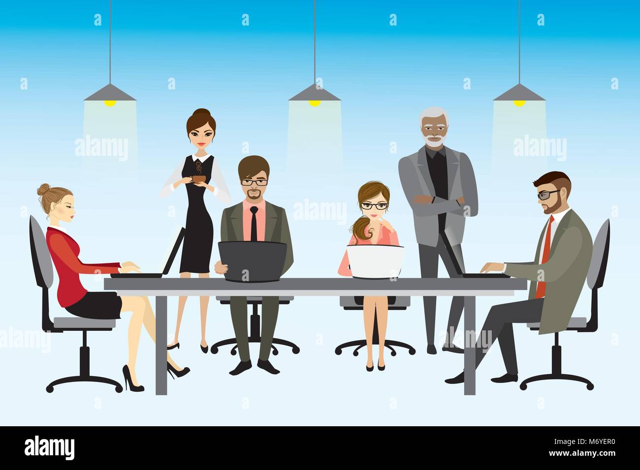 Illustrazione vettoriale di coworking concetto di centro, persone che lavorano insieme e condivisa in ambiente di lavoro. Illustrazione Vettoriale