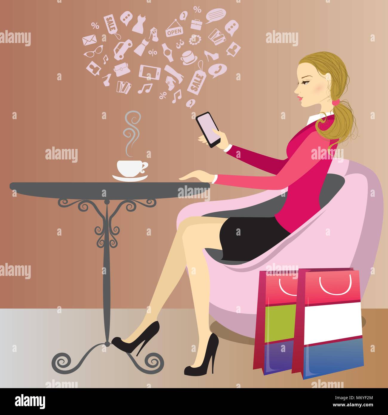 Carino lady dopo lo shopping è a bere caffè e su Internet tramite un telefono intelligente,illustrazione vettoriale Illustrazione Vettoriale