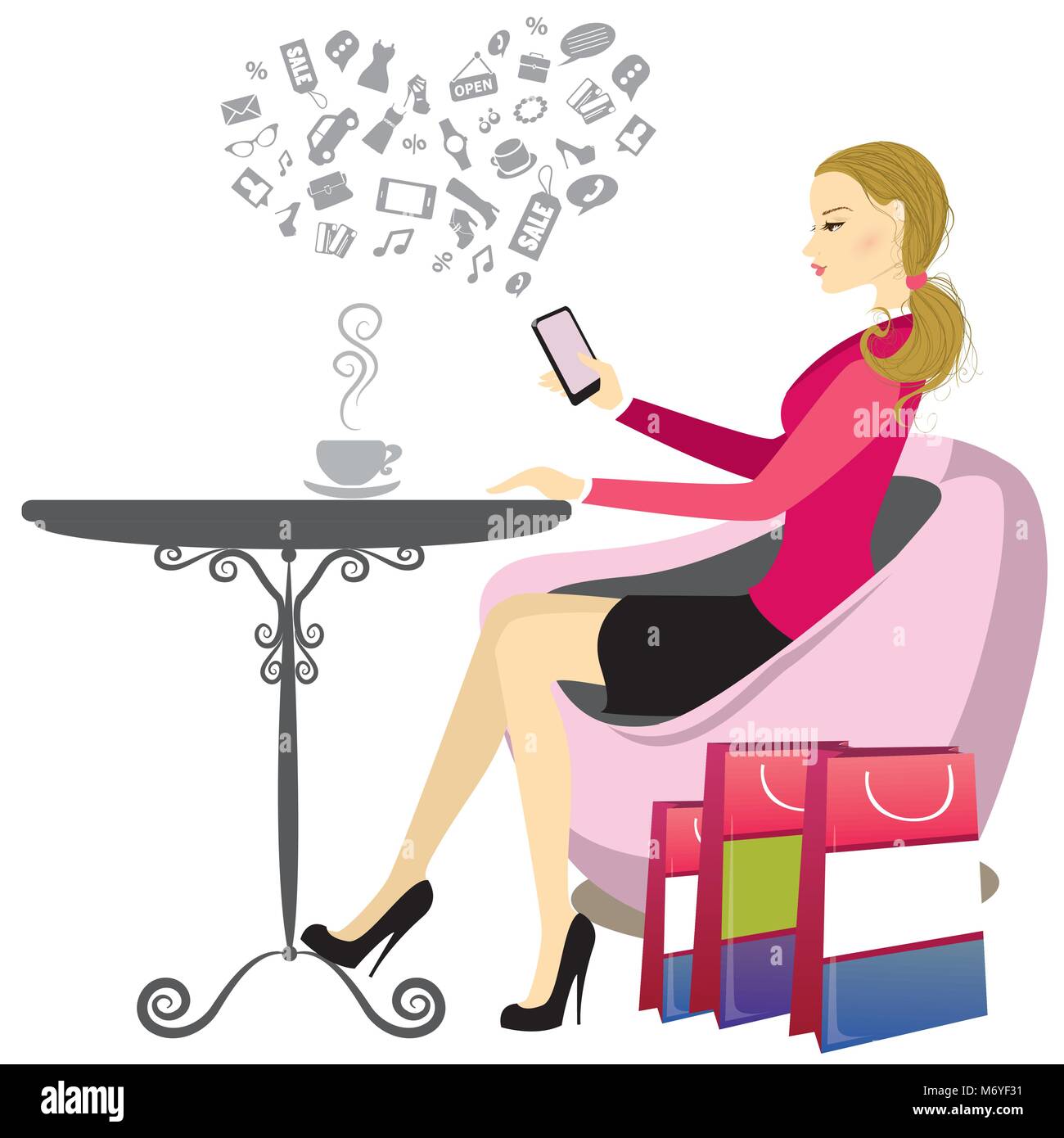 Carino lady dopo lo shopping è a bere caffè e su Internet tramite un telefono intelligente,isolati su sfondo bianco,illustrazione vettoriale Illustrazione Vettoriale