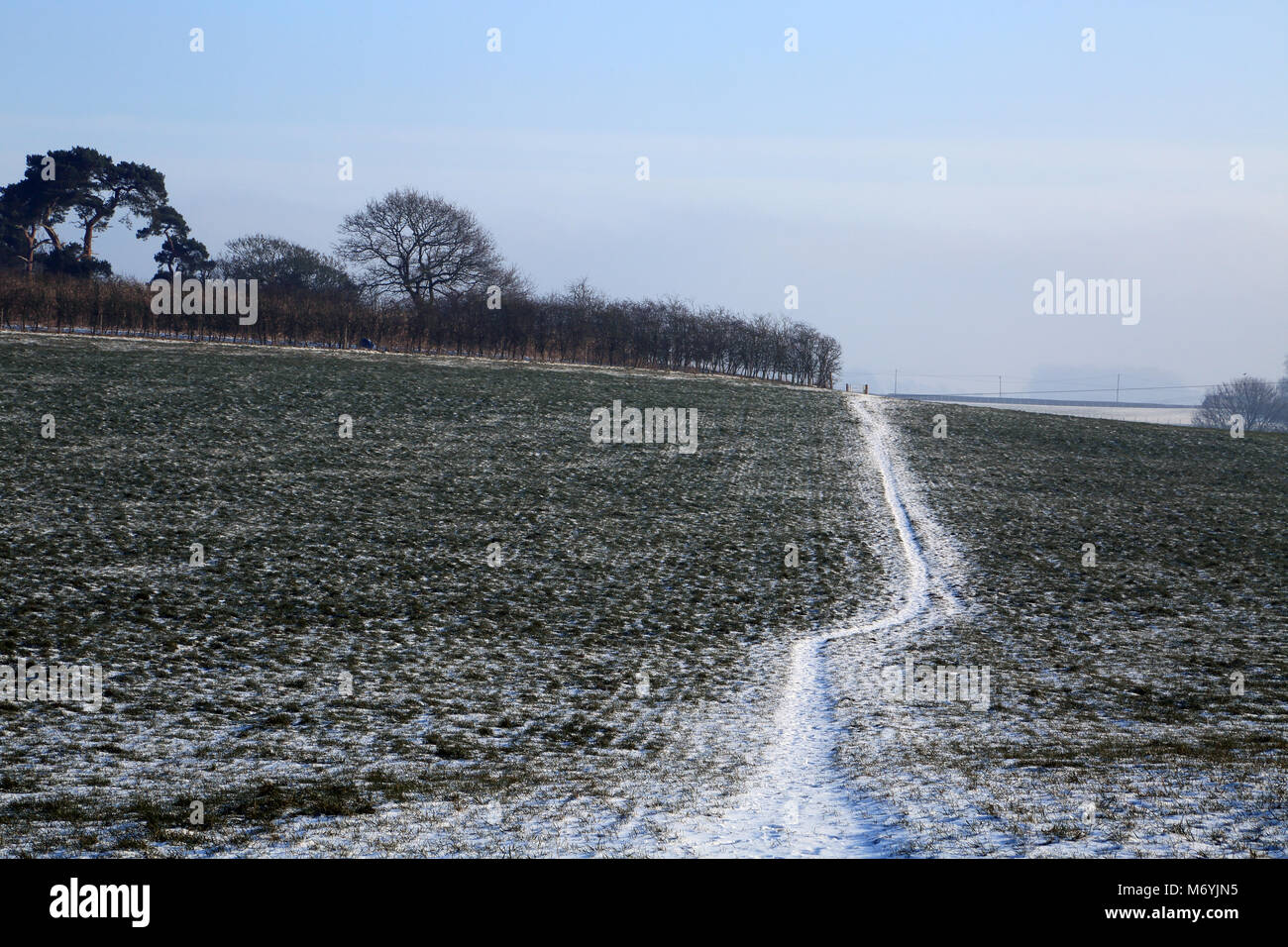 Attraverso un sentiero coperto di neve sul campo alla periferia di Brabourne fecce, Ashford, Kent, Regno Unito Foto Stock