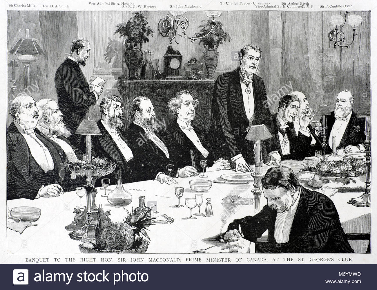 Banchetto a destra l'on. Sir John MacDonald, primo ministro del Canada, al St. George's Club, antica incisione da 1886 Foto Stock