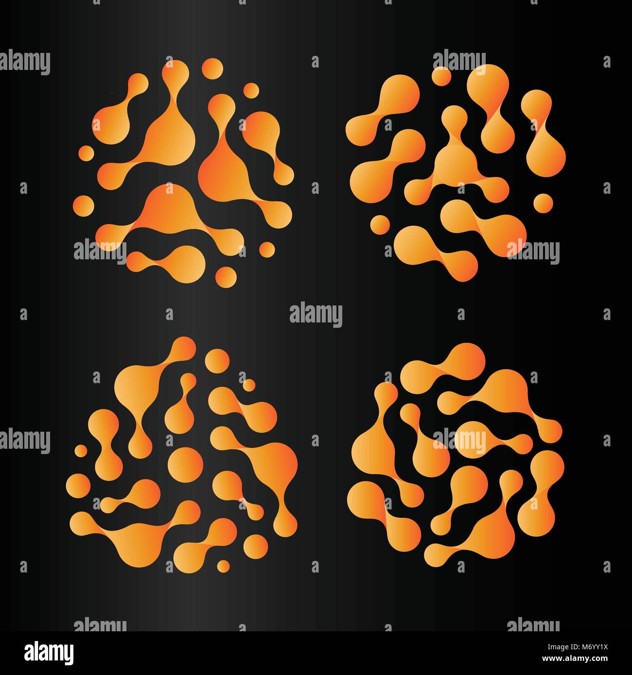 Abstract sun icon set, arancione hot loghi, isolato batterio insolita forma. Elemento radioattivo, tecnologia atom illustrazioni vettoriali su sfondo nero. Illustrazione Vettoriale