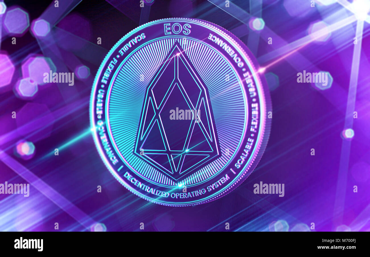 Il Neon incandescente EOS coin in Ultra Violet colori con cryptocurrency blockchain nodi in sfondo sfocato. Il rendering 3D Foto Stock