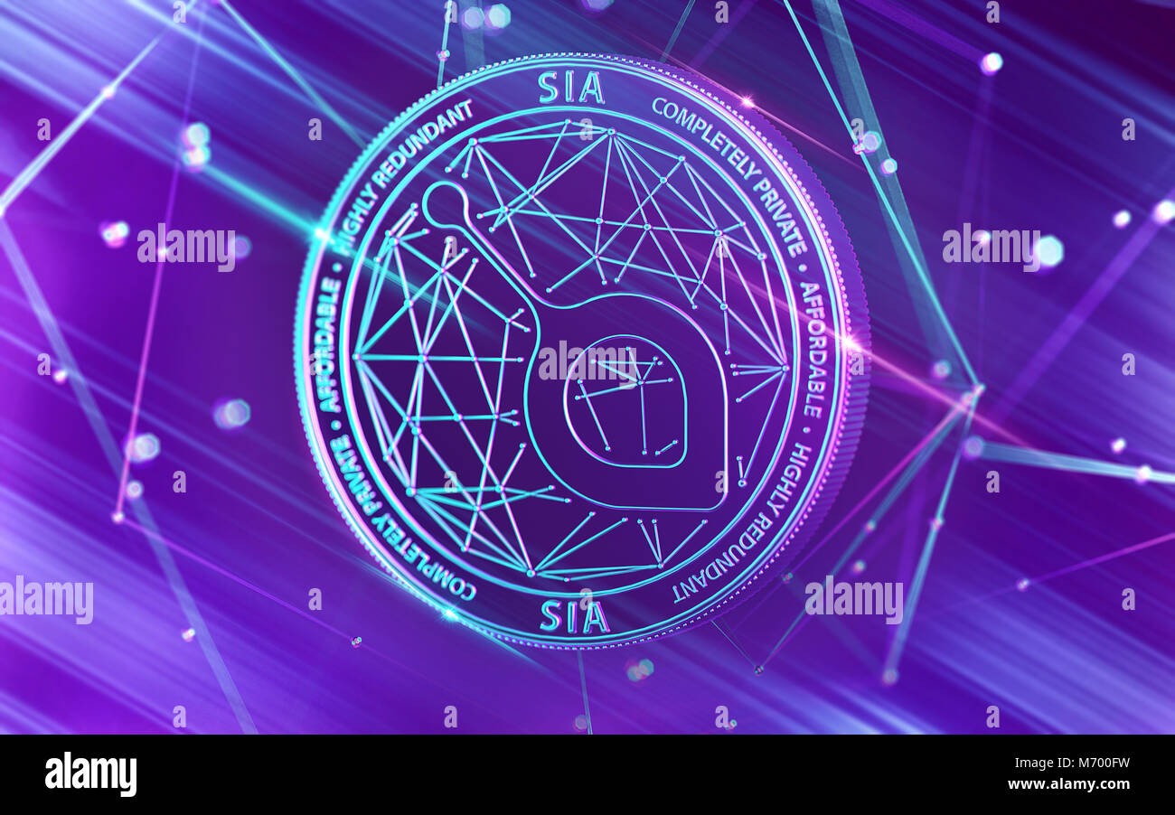 Il Neon incandescente moneta ISA in Ultra Violet colori con cryptocurrency blockchain nodi in sfondo sfocato. Il rendering 3D Foto Stock