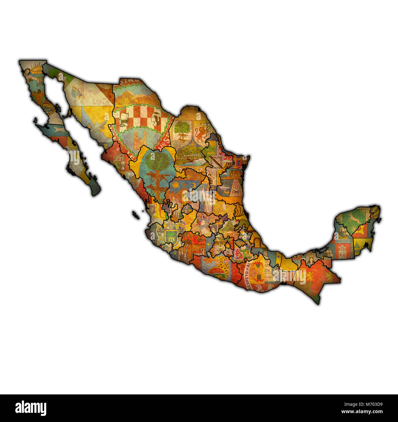 Emblemi di stati del Messico sulla mappa con le divisioni amministrative e frontiere Foto Stock