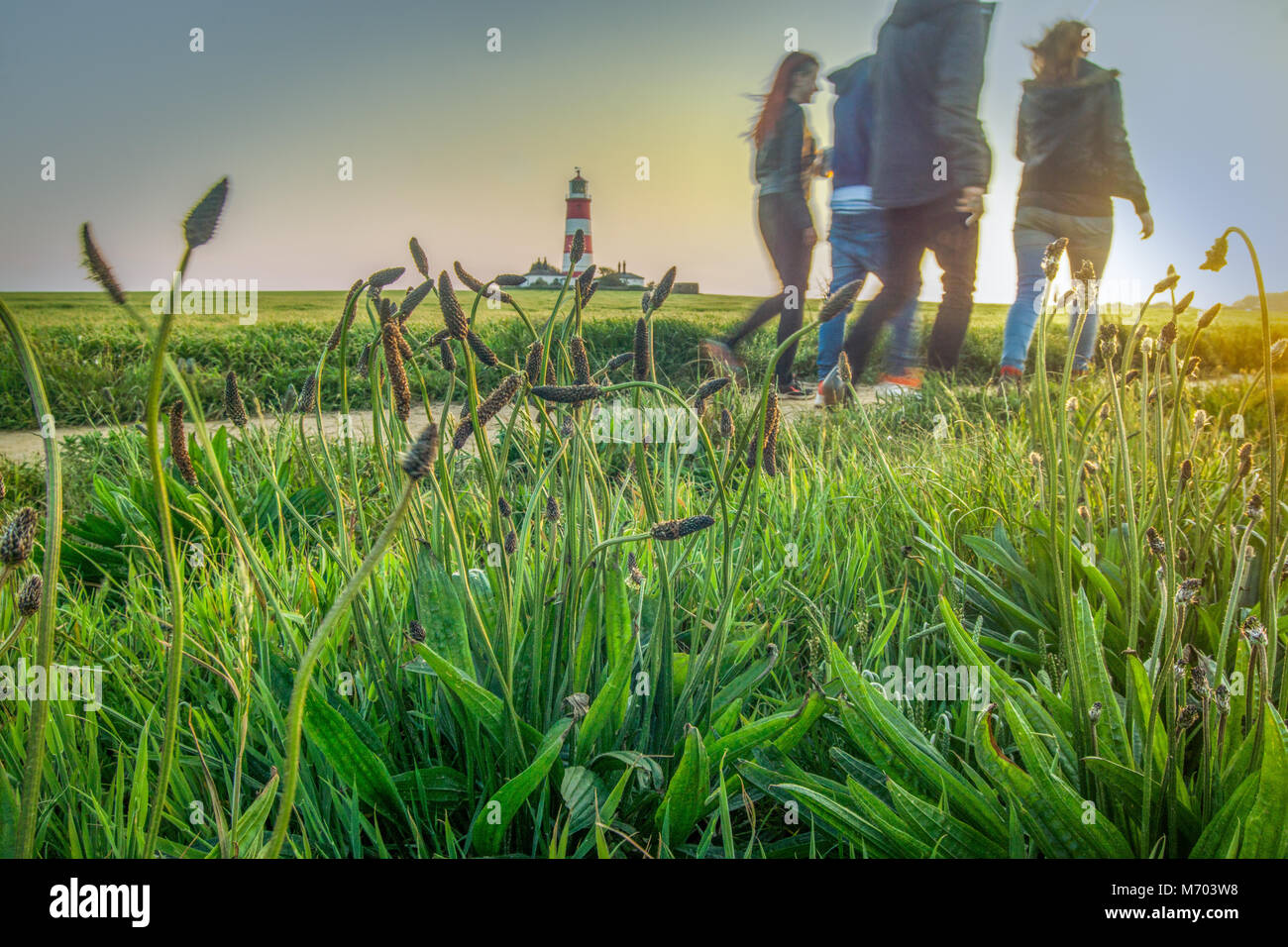 Un gruppo di giovani adulti oltrepassando un faro, girato da un angolo basso con il sole in background Foto Stock